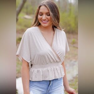 Hem & Thread Tan Flutter Sleeve Wrap Blouse